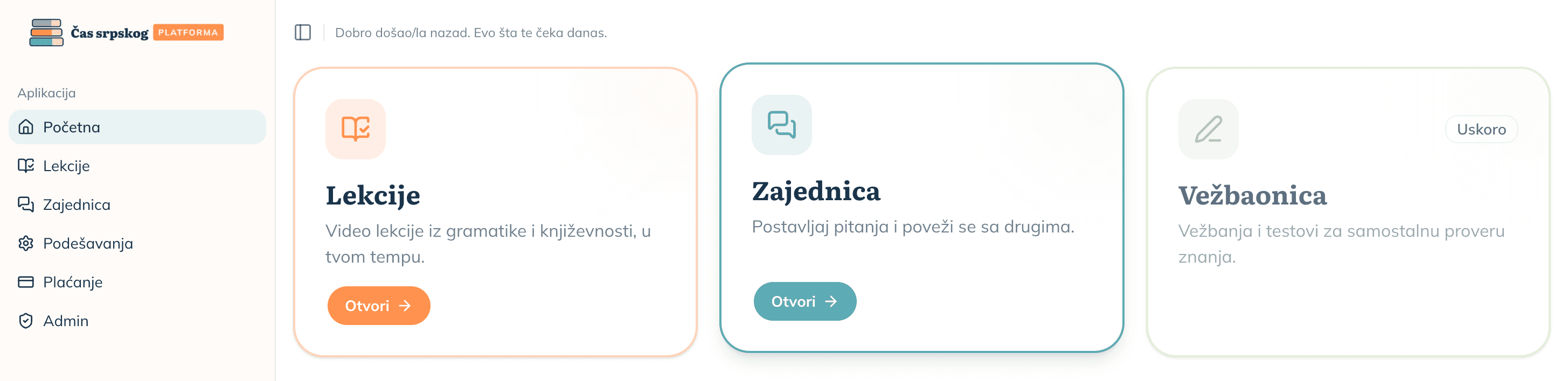 Prikaz platforme Čas srpskog u izradi